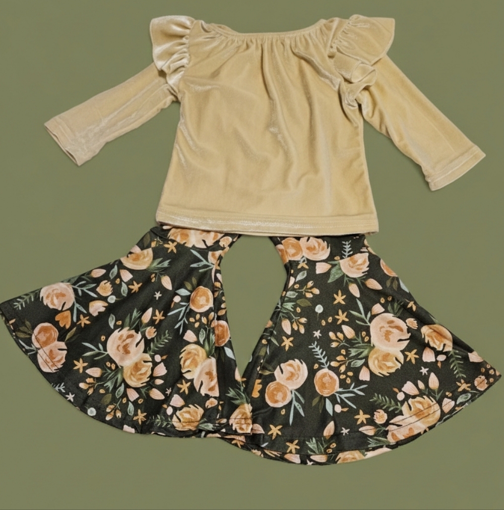 Tan&Olive Bloom Ruffle Top and Bell Bottoms set 6-12 mos
